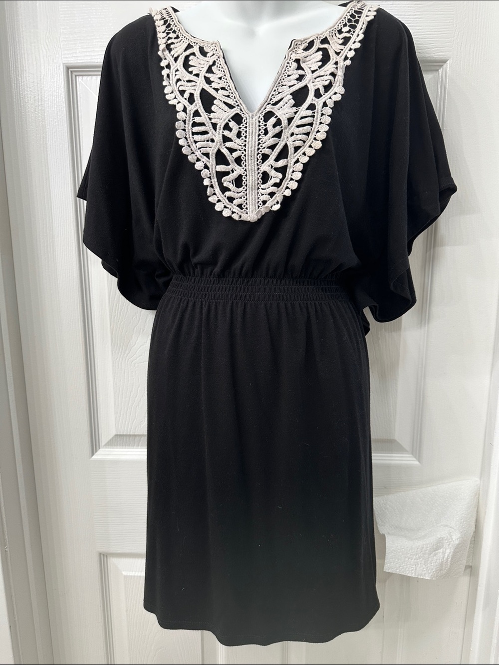 AB Studio Black Swim Coverup with Cream Embroidered V-Neck